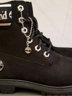 Timberland Black Leather Lace-Up Boots with Tree Charm